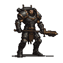 A warrior in dark, segmented power armor with gold trim, holding a large weapon.