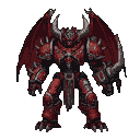 A demonic figure in crimson and obsidian armor with spiked shoulders and large, blood-red wings. It wears a horned helmet and has clawed feet.