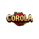 Bold golden text "COROLA" with a shadow, set against a black background, with a pixelated red rose and green leaves behind it.