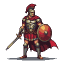 Roman centurion in segmented armor, crimson cape, and plumed helmet, holding a gladius and round red shield.