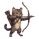 Tabby cat archer with bow drawn, arrow nocked, looking intensely forward.