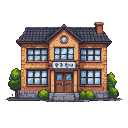 A pixelated school building with orange and brown brick, a dark roof, and blue-tinted windows. A "R & M School" sign is above the double doors, flanked by bushes and trees.