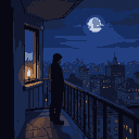 A solitary silhouetted figure on a balcony gazes at a vast, moonlit, pixelated cityscape.