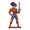 Pixel art queen in a red military jacket with gold trim, blue trousers, and golden greaves, holding a sword aloft.