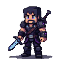 Stoic warrior with glowing violet eyes and mouth, wearing dark attire with purple accents. A purple spine detail is on his back. He holds a luminous light-blue sword and has a darker sword sheathed.