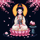 Pixel Art: 生成一个白色观音摆件，要黑色背景