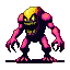 A hulking, shadowy purple monster with vibrant pink accents, a molten yellow crest, sharp yellow eyes, and a jagged grin revealing yellow teeth.
