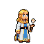Elven character with golden hair, blue eyes, wearing a white robe with blue and gold trim, holding a glowing orb.