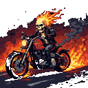 A skeletal figure with metal chains and a spiked jacket rides a hellish motorcycle with fiery wheels and exhaust.