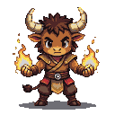 Young Minotaur with intense gaze, flames erupting from clenched fists, wearing an earthy-toned monk tunic with red bracers and belt.
