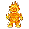 A small fire elemental with glowing orange eyes and a wide, toothy grin, body a swirling vortex of orange and yellow flames, with wisps of flame licking outwards.