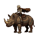 Skeletal figure in tattered brown cloak riding a massive rhinoceros with textured hide, against a black background.