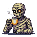 A mummified figure with glowing orange eyes and frayed bandages holds a steaming mug of coffee, a faint smile on its skeletal face.