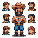 A muscular, bearded man in a cowboy hat and blue shorts stands center, with blue and yellow accents on his chest. Six smaller portraits of diverse individuals surround him.