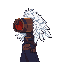 A person with a white, feathery mane holds a brown and gold cylindrical weapon with a red aperture. They wear dark robes with leather pouches and straps.