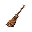 A weathered wooden broom with straw bristles stands against a black background.