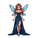 Elegant auburn-haired pixie in a midnight blue gown with translucent wings.