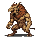 A lion-dragon hybrid with reddish-brown mane, sharp horns, bared fangs, and muscular limbs, crouched and ready to strike.