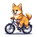 A Shiba Inu happily rides a bicycle, tongue lolling out, with its tail curled upwards.