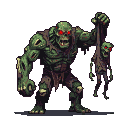 A hulking, grotesque zombie boss with glowing red eyes and ripped flesh holds a mangled zombie minion by the head.