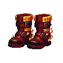 Dark red, rugged boots engulfed in vibrant, flickering flames.