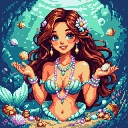 Mermaid with long brown hair, white flower, pearl earrings, holding out pearls and seashells. She wears a teal and pearl bikini top and matching tail. Underwater scene with coral, sandy seabed, and small fish.