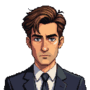 Gaunt detective with tousled brown hair, striking blue eyes, and dark circles, wearing a dark suit and white shirt.