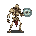 Skeletal knight in worn armor with a tattered crimson sash, holding a shimmering circular shield with a large, watchful eye.