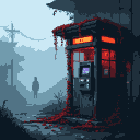 Old Japanese phone booth overgrown with red vines, interior glowing red, with a shadowy figure in foggy distance.