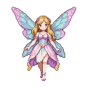 A delicate fairy with flowing blonde hair and large, iridescent wings, wearing a pink and aqua gown with gold accents.