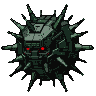 Virus-shaped robot with glowing red eyes and spiky metallic green exterior.