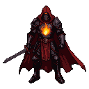 Knight with a crimson cape and dark armor, a bright flame glowing in his chest, holding a sword.