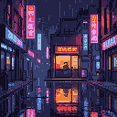 Silhouetted figure inside a glowing ramen shop on a rain-slicked cyberpunk street at night, with vibrant pink and blue neon signs reflecting on the wet pavement.