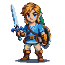 Link in a blue tunic, holding a blue sword and wooden shield, with a determined expression.