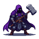 Pixel Art: warrior with no face only black shadow in purple hood with huge hammer (generated with AI by pixie.haus).