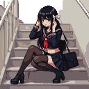 Young woman with dark hair crouched on outdoor stairs, adjusting a white ribbon in her hair while holding a dark stick in her mouth. She wears a cropped black sailor top, pleated miniskirt, dark tights, and black platform heels.