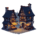 A medieval street at dusk, with timber-framed buildings, market stalls, and cobblestones illuminated by lanterns.