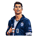 Pixel art portrait of Cristiano Ronaldo wearing a dark blue athletic jacket over a white undershirt, with a white wristband visible.