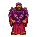 Regal figure wearing a crimson robe with golden trim, crowned with purple grapes, with a thick beard and jovial expression.