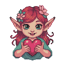 A pixie with flowing red hair, adorned with pink flowers and teal accents, holds a bright pink heart. She has large teal eyes and a joyful smile.