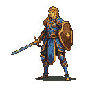 Regal elven warrior in blue and gold armor, holding a wooden shield with a golden emblem and a gleaming sword.