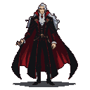Regal vampire lord with flowing silver hair, wearing a high-collared black cape lined with crimson silk and a white shirt with a red cravat, floating with dark magic.