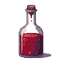 Glass bottle with a cork stopper containing a bubbling, deep red potion.