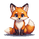 A plump fox with bright blue eyes sits with its tail curled around its body.