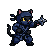 Ninja cat in dark blue armor and mask, poised to throw a shuriken, with bright yellow eyes and a pink nose.