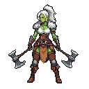 Green-skinned orc warrior with platinum white hair, intense orange eyes, and barbarian attire, holding two battle axes.