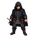 A medieval rogue in dark clothing, hooded and holding a dagger, stands ready.