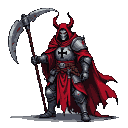Fallen Templar Knight in tattered red robe and dark armor, with menacing red horns, wielding a large rusty battle scythe.