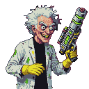 Mad scientist with wild white hair and a maniacal grin, wearing a stained lab coat and yellow gloves, holding a massive glowing laser pistol.