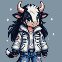 Bovine-human hybrid girl with large blue eyes, wearing a pink and silver iridescent jacket, white t-shirt, and distressed denim shorts. Her long dark hair flows behind her, set against a muted blue background with scattered pixelated stars.